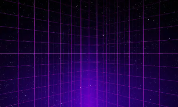Vector illustration of Universe Retro Futuristic 80's Background 4K. Synthwave wireframe net video loop. Abstract digital background. 80s, 90s Retro futurism, Retro wave cyber grid. Deep space surfaces.Neon lights glowing