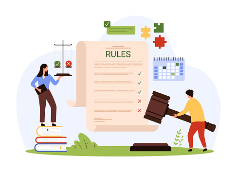 Law compliance, company policies and rules document, legal regulatory guide and advices. Tiny people practice regulatory legislation with balance scales and judges hammer cartoon vector illustration