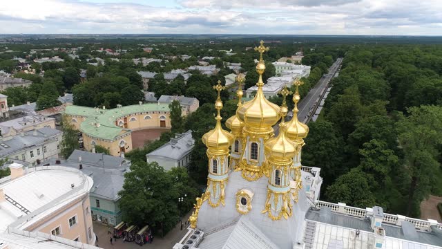 SAINT-PETERSBURG, RUSSIA - JUNE, 2023: Aerial drone view of Catherine palace and Catherine park in Pushkin. Beautiful baroque architecture landmark from above.