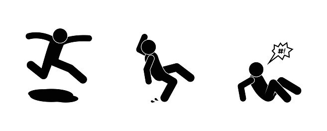 man falling icon, stick figure people illustration, jump on slippery floor