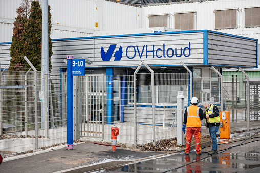 Strasbourg, France - Mar 10, 2021: Firefighters near large data center - Millions of websites offline after fire at French cloud services firm OVH Cloud in Strasbourg France