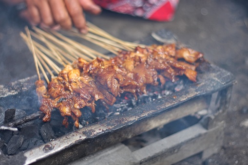 Row of chicken skewers cooking on hot grill
