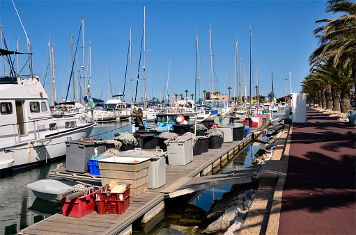 Fishing port of Canet-en-Roussillon, commune on the côte vermeille in the Pyrénées-Orientales department, Languedoc-Roussillon region, in southern France.