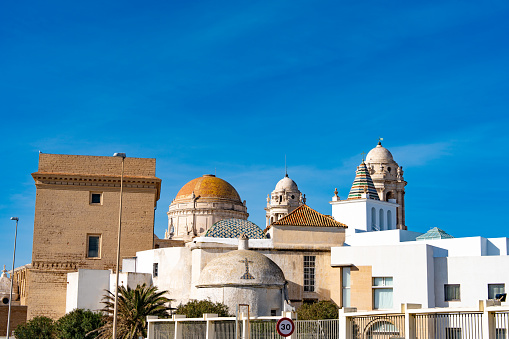 Cadiz city skyline with Santa Cruz cathedral and beach in Andalusia of Spain