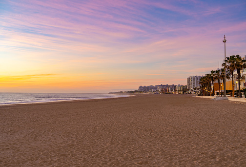 Rota beach at sunset in Cadiz of Andalusia in Spain