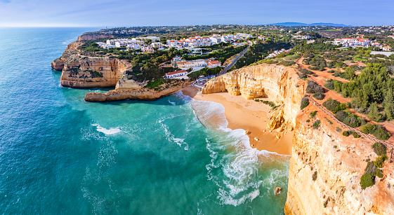 Cabanas near Tavira aerial view cityscape and beach in Algarve of Portugal Atlantic Ocean