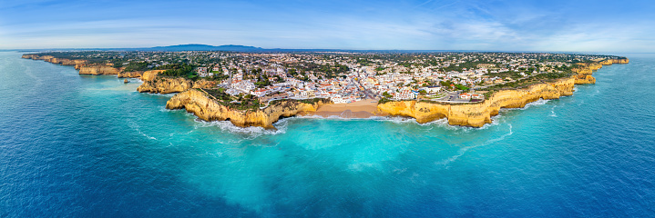 Praia Carvoeiro beach picturesque village drone aerial view in Algarve of Portugal