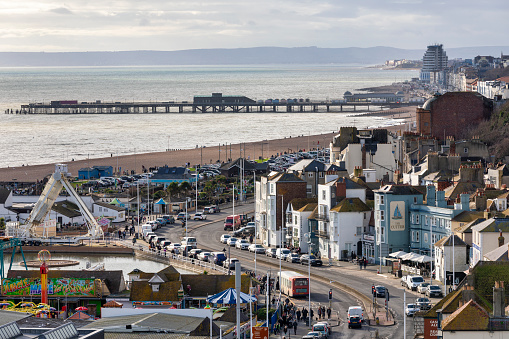 Hastings, UK - Feb 16, 2024: A  view of Hastings Old Town in East Sussex, England UK