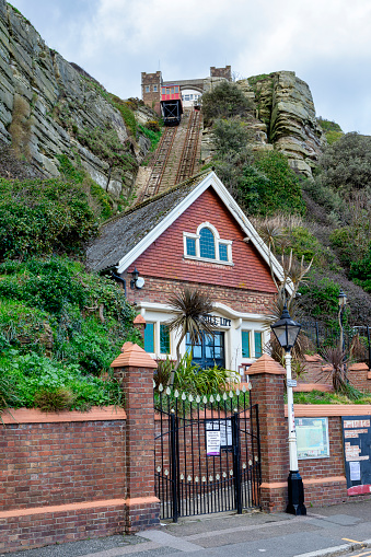 East Hill Cliff funicular railway lift with entrance house in Hastings, East Sussex, UK, 16 Feb 2024.