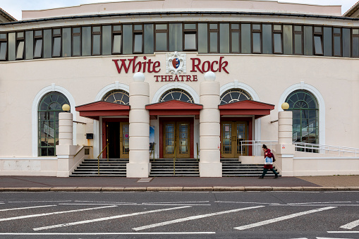 Hastings, England - Feb 16, 2024: Exterior view of the White Rock Theatre on the seafront at Hastings, East Sussex. Opened as the White Rock pavilion in 1927 the venue hosts a range of arts events.