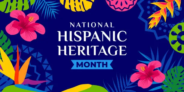 Vector illustration of Hispanic heritage month. Vector web banner, poster, card for social media, networks. Greeting with national Hispanic heritage month text, tropical flowers on blue background with green, yellow color.