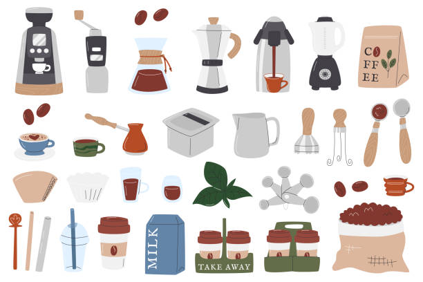 bildbanksillustrationer, clip art samt tecknat material och ikoner med barista coffee supplies and tool vector flat set - illustrationer med smoothie