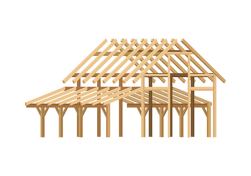 Wooden roof and wall frames of unfinished house on construction site vector illustration