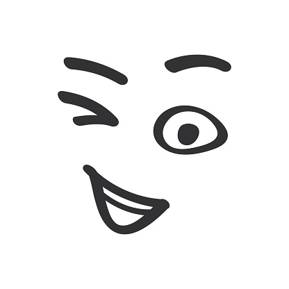 Funny character winking, playful facial expression in monochrome doodle style vector illustration