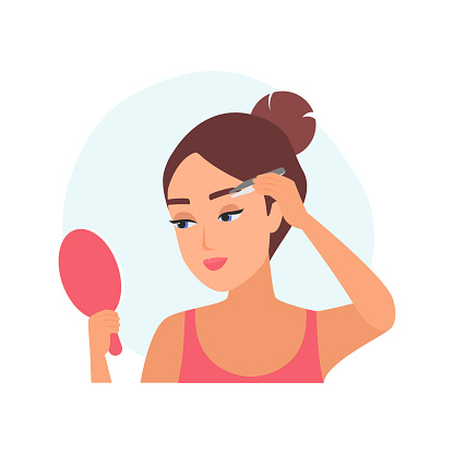 Woman tweezing and epilating eyebrow, girl holding mirror and tweezers vector illustration