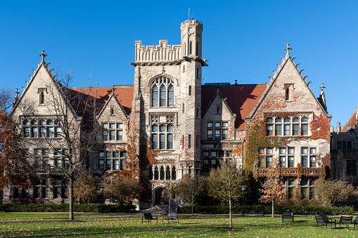 November 17, 2023 - Chicago, IL - View of Gothic architecture on the campus quadrangle of the University of Chicago.