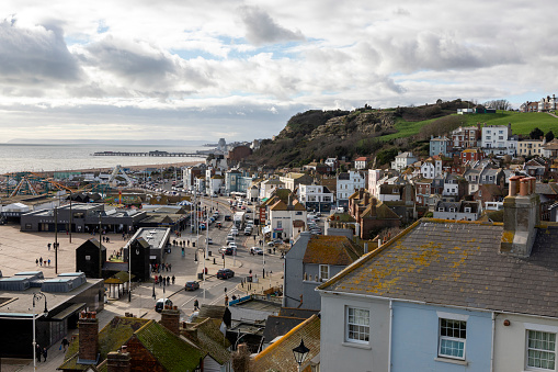 Hastings, UK - Feb 16, 2024: A  view of Hastings Old Town in East Sussex, England UK