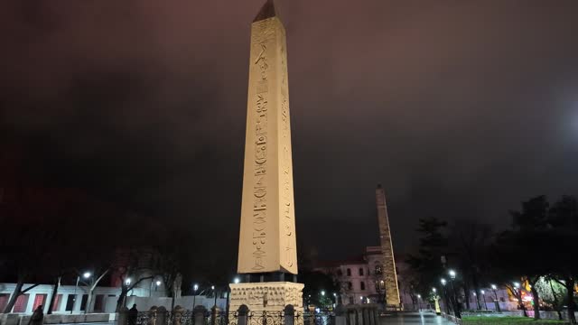 Obelisk of Theodosius on the streets of historic Istanbul at night