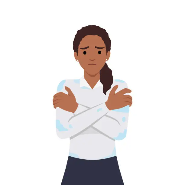 Vector illustration of Young woman trembling feeling cold hugging herself with wet clothes.
