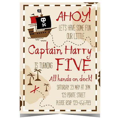 Pirate party invitation for children's birthday. Vector postcard, banner or poster with a pirate ship and Jolly Roger flag on parchment, inviting boys and girls to have fun with the captain at sea.