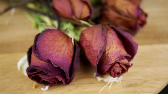 Close up, Bouquet of Dried Red Roses Slowly Rotates on a Wooden Background