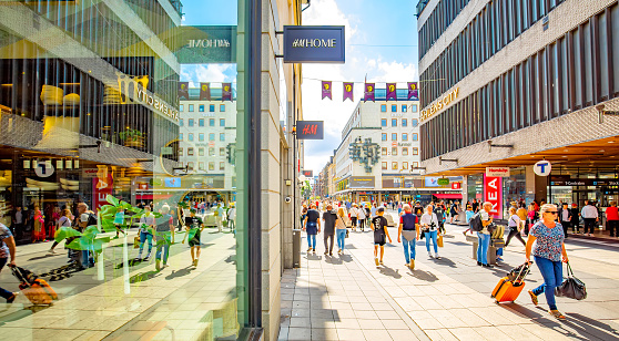 Stockholm, Sweden - 24 August, 2023: Popular busy shopping street Drottninggatan (Queen Street) in Stockholm city centre.