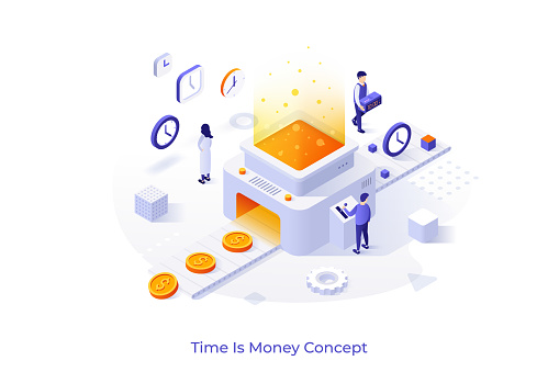 Conceptual template with people working on conveyor belt and machine transforming clocks into dollar coins. Scene for opportunity cost, time is money. Modern colorful isometric vector illustration.
