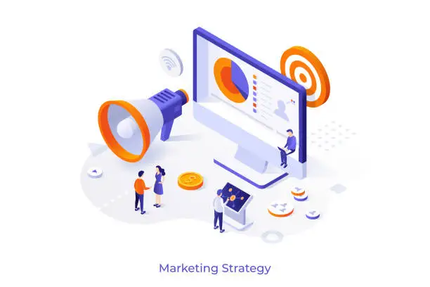 Vector illustration of Conceptual template with customers or consumers, giant megaphone, computer display. Scene for marketing strategy, market research, SMM, online promotion. Modern isometric vector illustration.