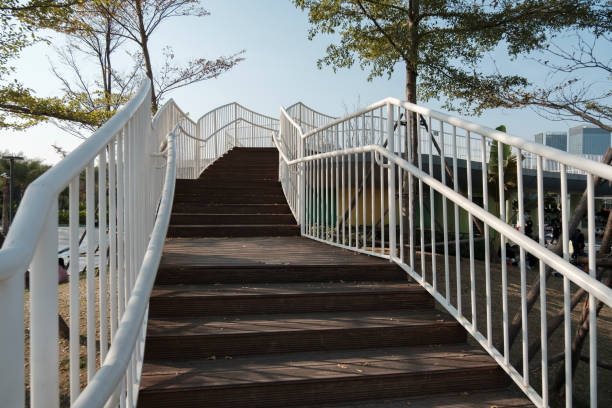 Wooden staircase with white railing