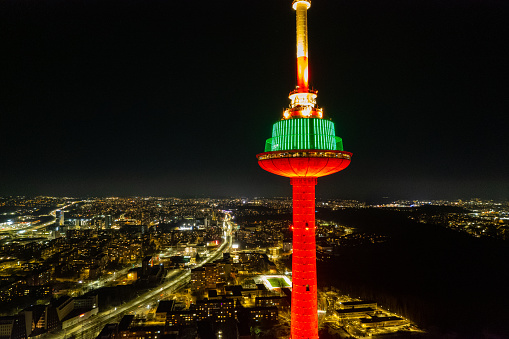 Aerial winter night view of Lithuania Independence Day, Vilnius TV Tower, Lithuania