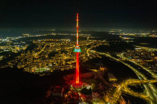 Aerial winter night view of Lithuania Independence Day, Vilnius TV Tower, Lithuania