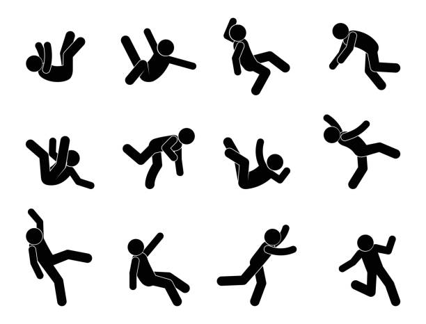 男が倒れ、棒人間アイコンの人々が滑りやすい床に落ちる - zero gravity illustrations点のイラスト素材／クリップアート素材／マンガ素材／アイコン素材