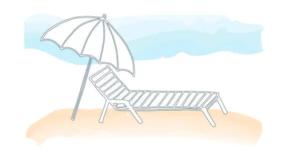Vector illustration of Beach lounger and umbrella on the sand under blue sky. Abstract summer background, vector doodle illustration of summer vacation, relaxation at sea.