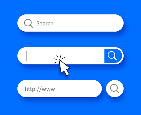 Search Bar icon set and mouse cursor click design on blue background