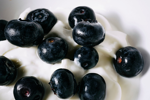 Ripe blueberries on top of Greek Yogurt.