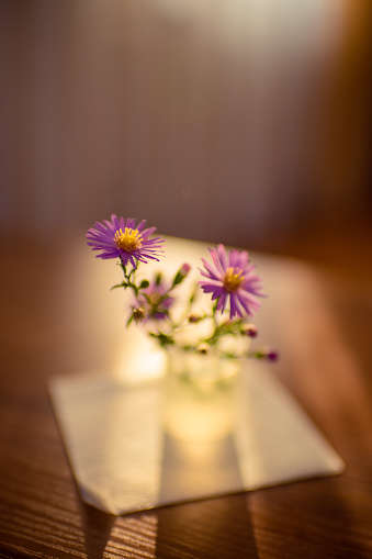 Little vase with delicate purple flowers chrysanthemums on a wooden table