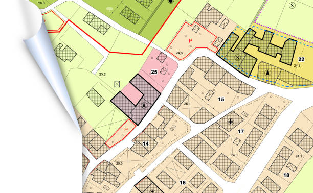 istock Imaginary General Urban Plan with indications of urban destinations with buildings, roads, buildable areas and land plot - note: the map is totally invented and does not represent any real place 2017985688