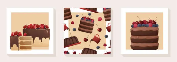 Vector illustration of Set of cards with different desserts with chocolate biscuits, strawberry, orange, tangerine, raspberry