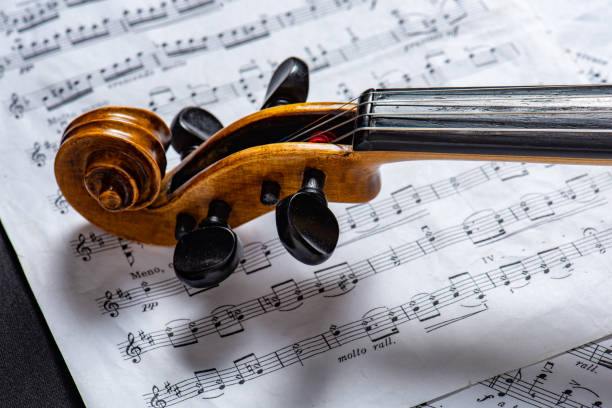 Close up of violin detail above the musical notes