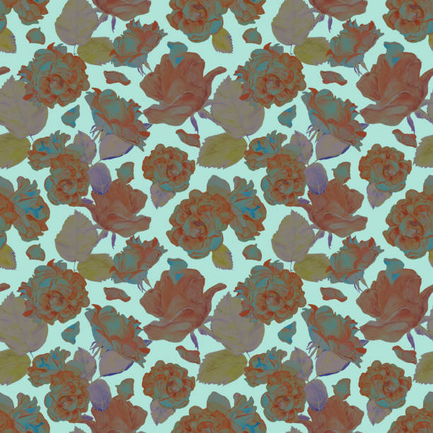 istock Seamless pattern of blue roses, violet leaves, roses petals. Hand painted illustration. Floral background. St Valentines day romantic decor 2017999428