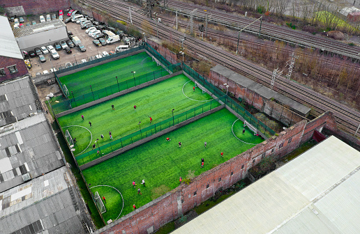 Football pitch aerial view from high above UK