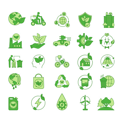 Green Ecology Icons Set. Vector Icons of Eco-technology, Environmental Protection, Industrial Ecology, Nature Conservation, Ecological City, Climate Change, Global Warming, Renewable Energy and Others