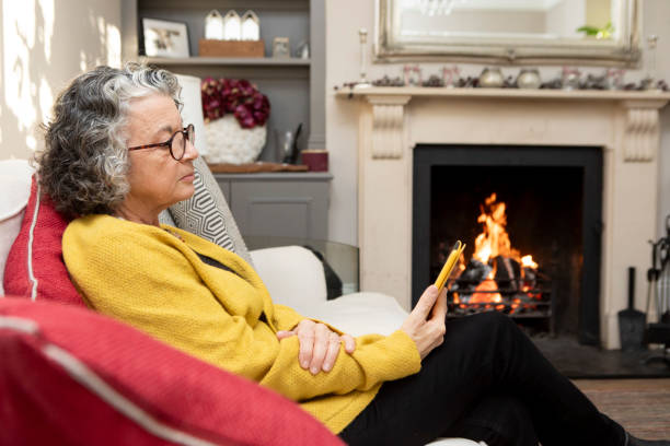 istock Mature woman sitting on a sofa and reading an e-reader 2018019397