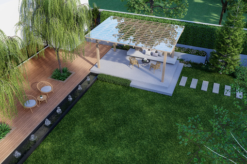 Top view of modern contemporary style green garden with wooden terrace and glass roof pavilion 3d render, there are empty green lawn decorated with black tiled pond with fountain.