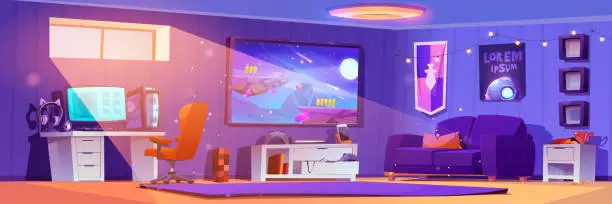 Vector illustration of Video game room interior for playing and streaming