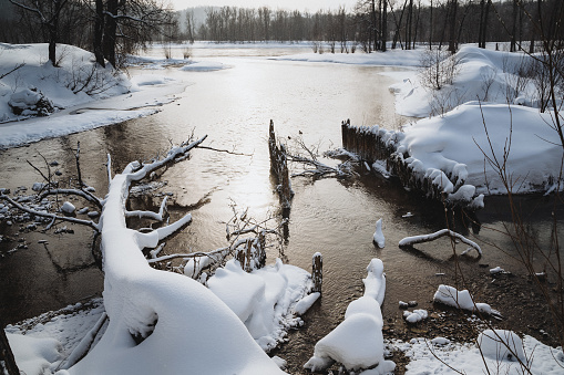 A frozen river with snowcovered banks, reflecting light off the icy surface. A beautiful natural landscape of water resources surrounded by snowy trees