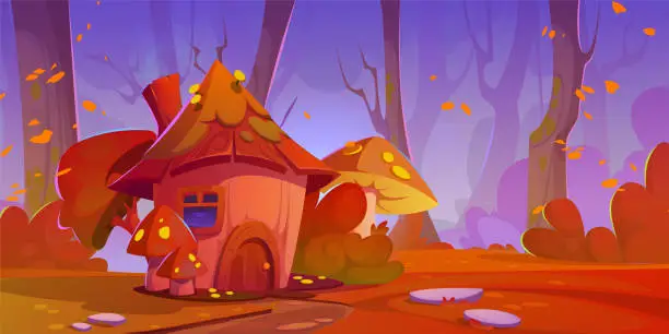 Vector illustration of Gnome mushroom house in autumn forest