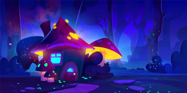 Vector illustration of Gnome mushroom house in night forest