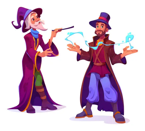 Vector illustration of Male wizard and illusionist characters set