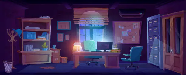 Vector illustration of Detective room or police office interior at night